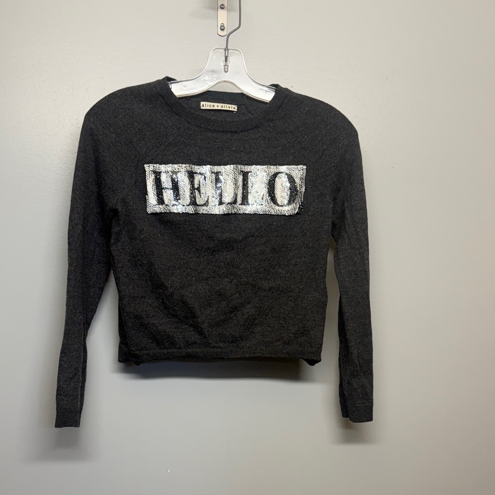 Alice + Olivia Wool Black Cropped Sequin 'HELLO/GOODBYE’ Pullover Sweater